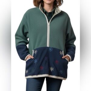 Vintage East West Fleece Jacket with Snowflake Embroidery Cozy Half Zip Pocket